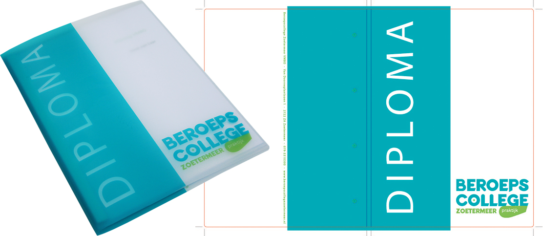 Diploma snelhechtermap bedrukt in zeefdruk voor Beroepscollege VMBO in Zoetermeer.