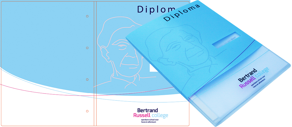 Diplomamap hechtmap voor Bertrand Russell College in Krommenie in 3 kleuren zeefdruk bedrukt