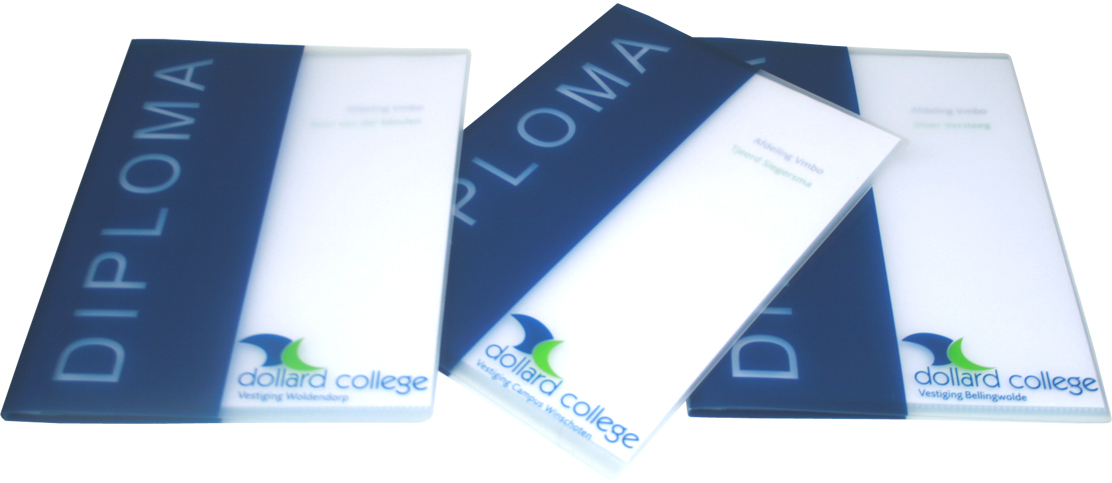 Diploma map in zeefdruk bedrukt voor het Dollard College, locatie's Bellingwolde, Bovenburen, Winschoten, Pekela en Woldendorp