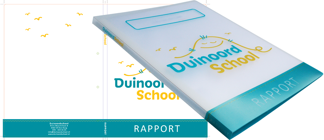 Nieuwe rapportmap in 2 kleuren zeefdruk bedrukt voor de Duinoordschool in Den Haag