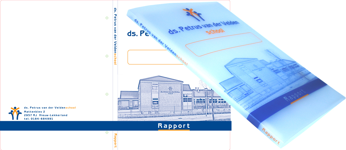 Nieuwe 100% recyclebare rapport snelhechter schoolmap voor de reformatorische school ds. Petrus van der Velden in Nieuw-Lekkerland is in 2 kleuren zeefdruk bedrukt.