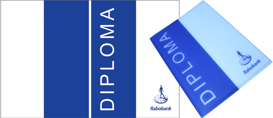 Diploma schoolmap van de Rabobank voor diverse scholen in 1 kleur zeefdruk bedrukt
