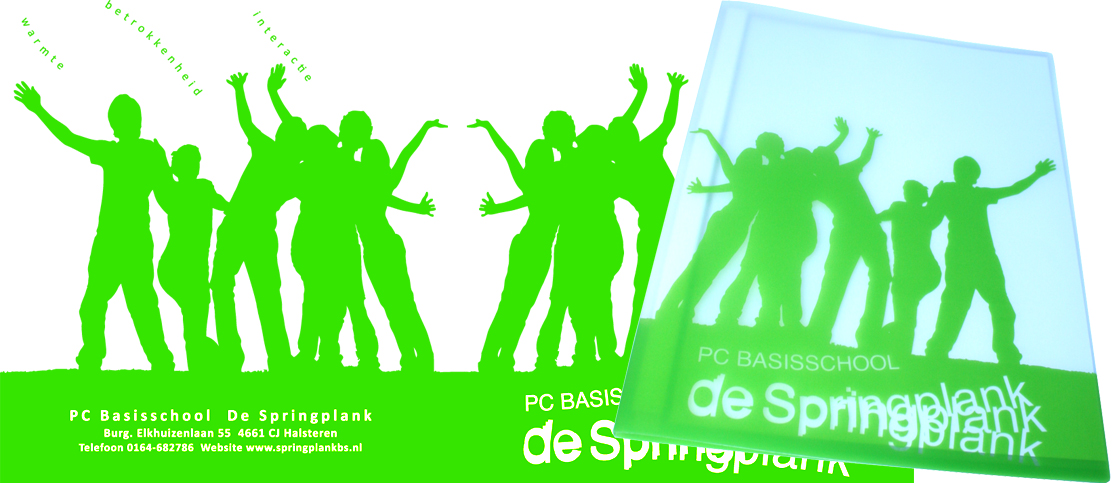 Snelhechter rapport schoolmap voor De Springplank in Halsteren is bedrukt met zeefdruk in de kleur groen.