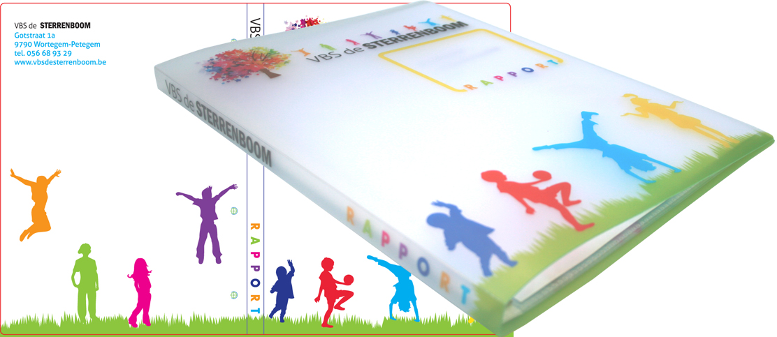Rapport hechtmap full colour bedrukt voor de Vrije Basisschool de Sterrenboom in Wortegem-Petegem, België.