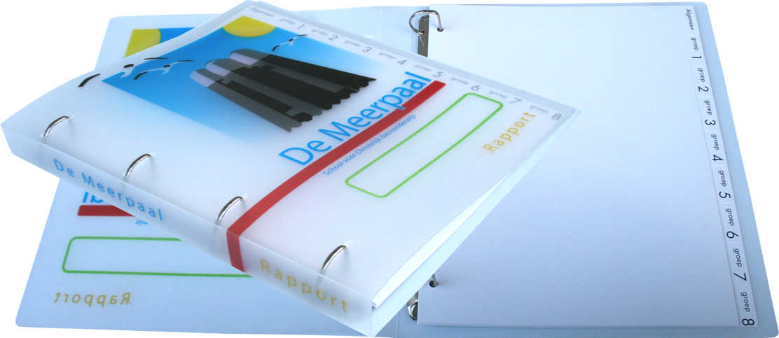 Digitaal bedrukte rapport ringbandmap voor basisschool De Meerpaal in Duindorp, Den Haag.