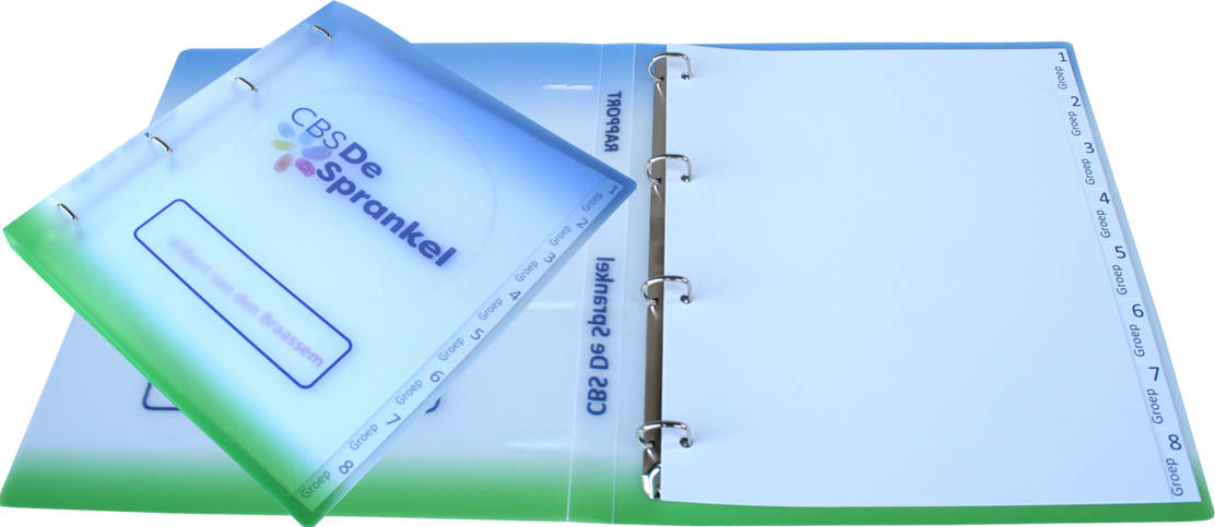 Schoolmap voor CBS De Sprankel in Dussen met 8-delig wit tabblad met blauwe tekst.