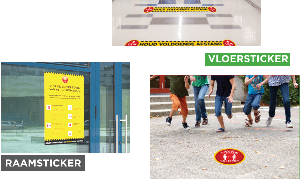 Vloerstickers en raamstickers, 1.5 meter afstand, voor basisonderwijs en vervolgonderwijs