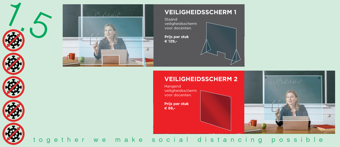 Veiligheidsschermen, staand model en hangend model voor leerkrachten en docenten op basisscholen en het vervolgonderwijs.