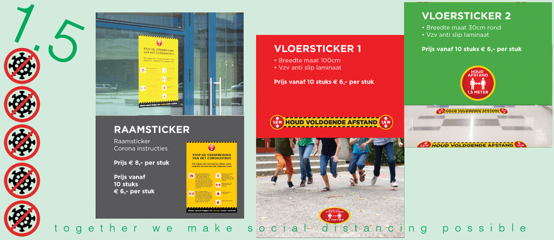 Raamstickers en vloerstickers: houdt 1.5 meter afstand voor schoolgebouwen van basisscholen en vervolgonderwijs.